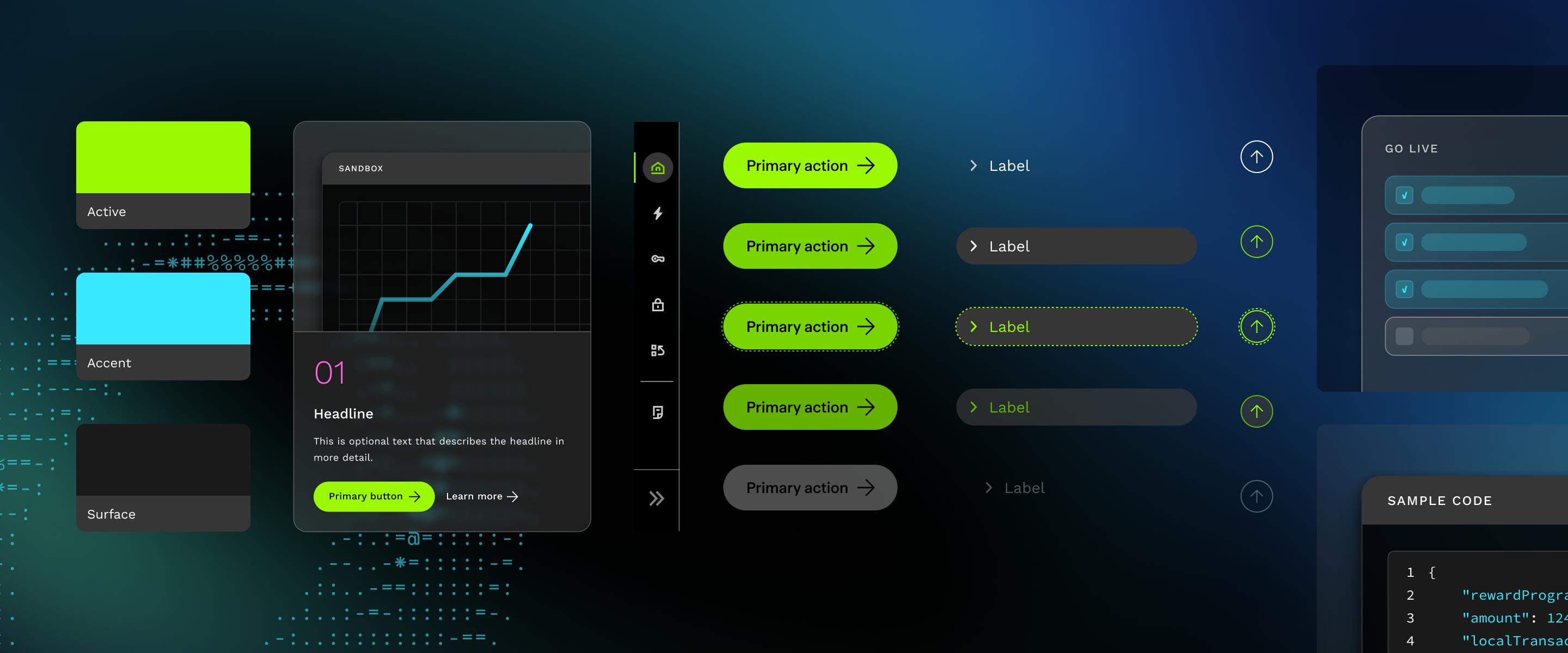 VDP visual identity in dark mode: colour swatches, a card, side navigation, buttons and a code sample