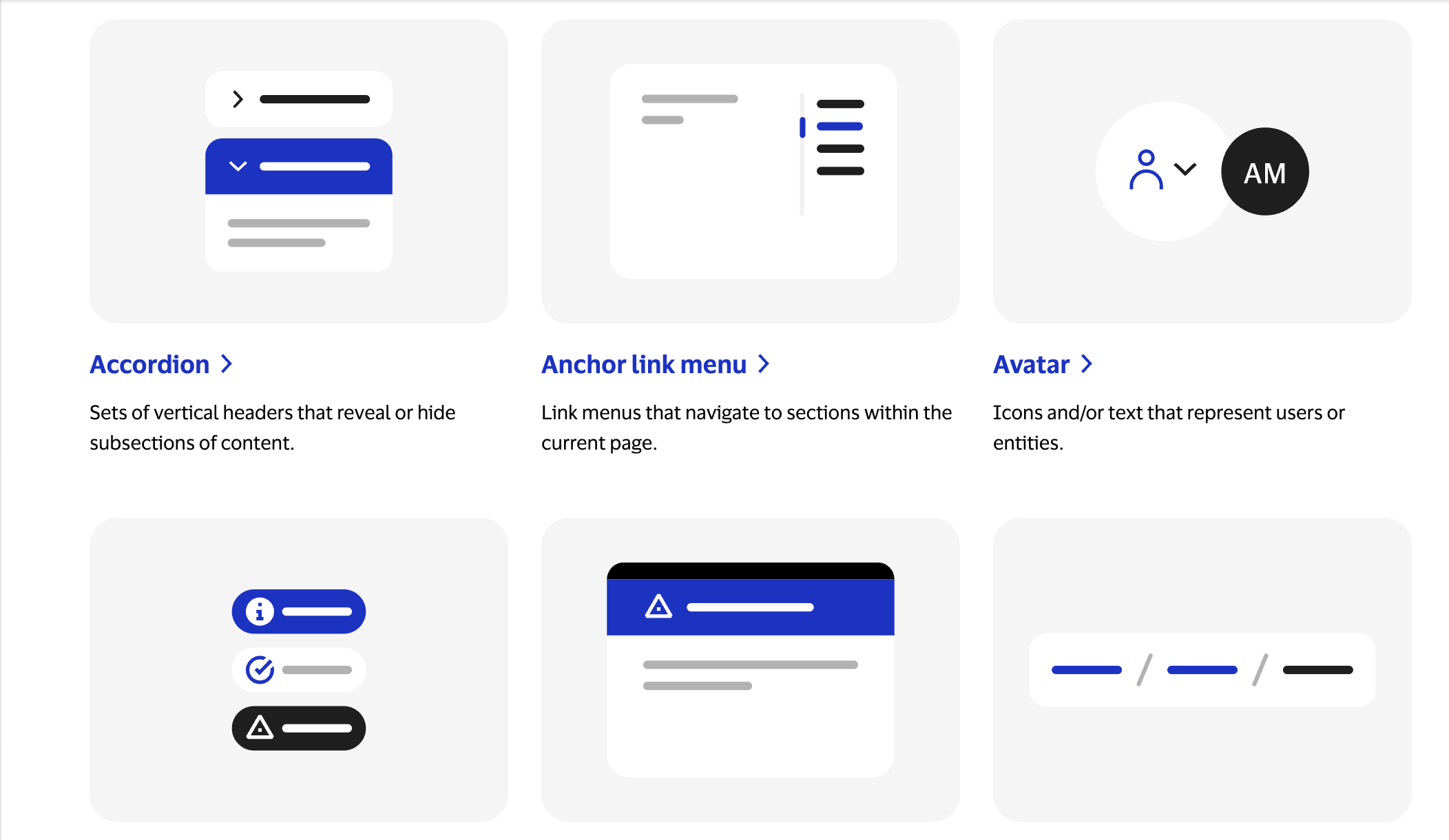Component thumbnails for Accordion, Anchor link menu and Avatar, plus three more