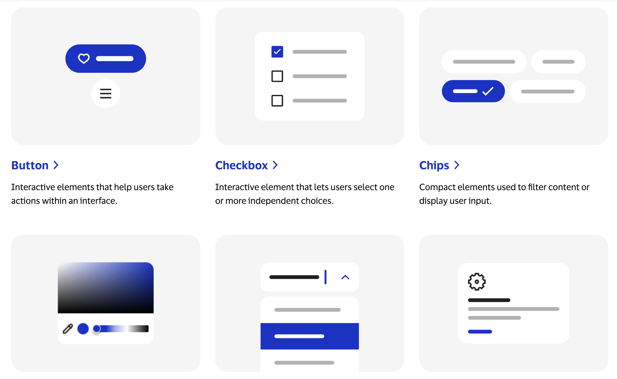 Component thumbnails for Button, Checkbox and Chips, plus three more