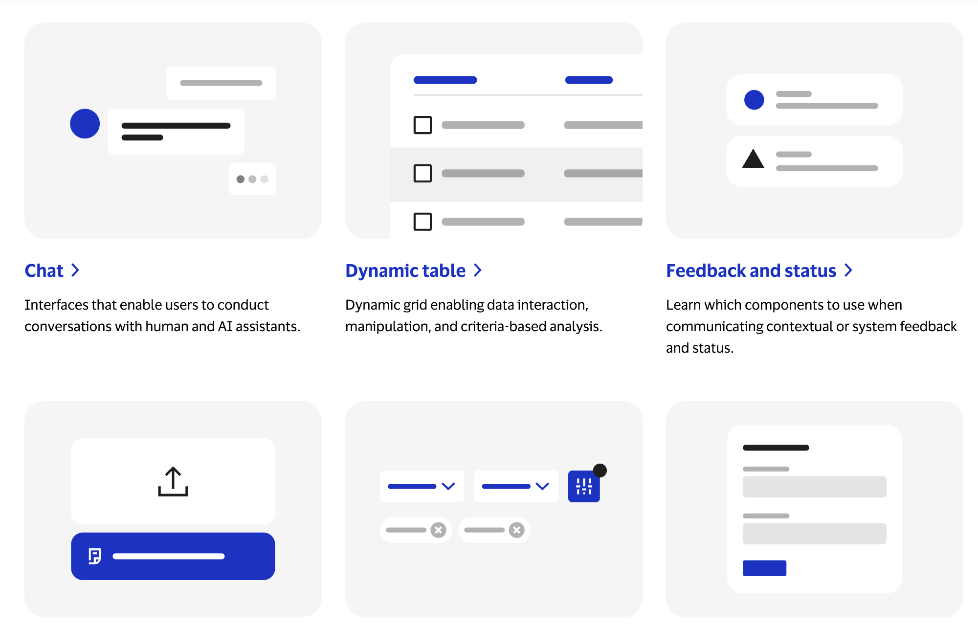 Component thumbnails for Chat, Dynamic table and Feedback and status, plus three more